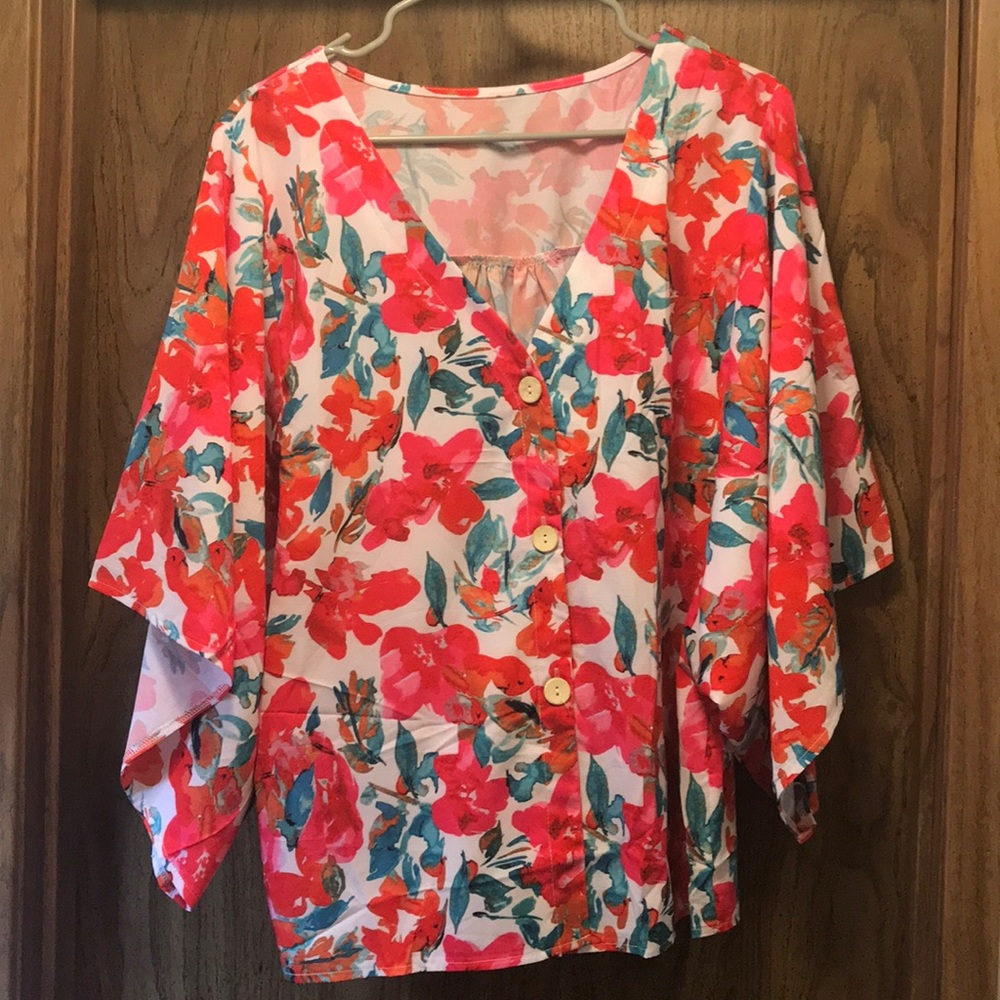 Floral Top with Kimono-Style Sleeves